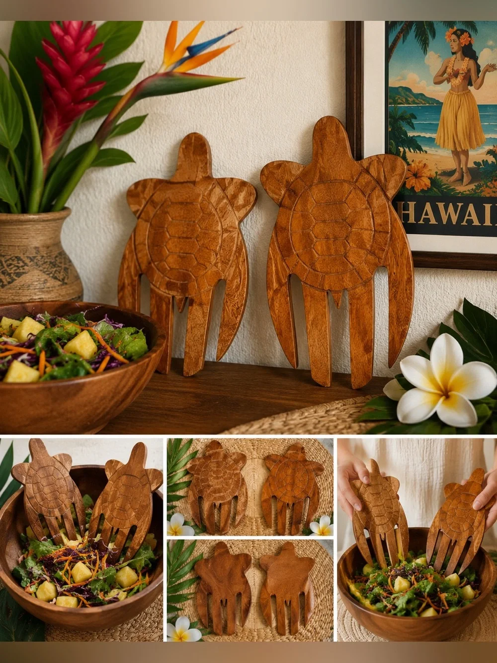 Vintage Carved Wood Sea Turtle Salad Servers Hawaiian Coastal Tiki Pair